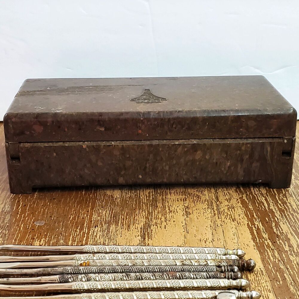 Antique Art Deco Bakelite Box Leather Awls Curved Sewing Needles Tweezers Picks - Picture 9 of 16